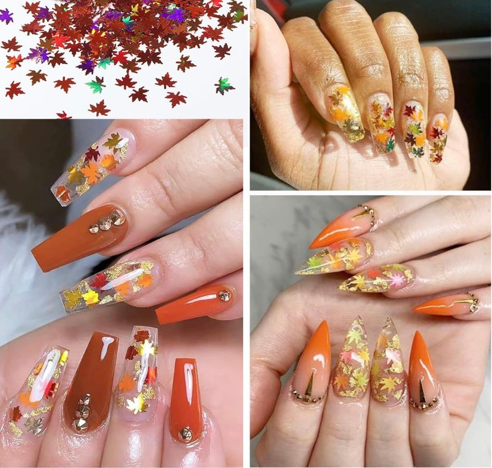 Maple Leaf Nail Art Glitters Fall Nail Sequins 3D Holographic Fall Nail Art Flakes 6 Grids Autumn Nail Glitter Sequins Laser Maple Leaves Nail Flakes for Women DIY Thanksgiving Nails Decoration Makeup