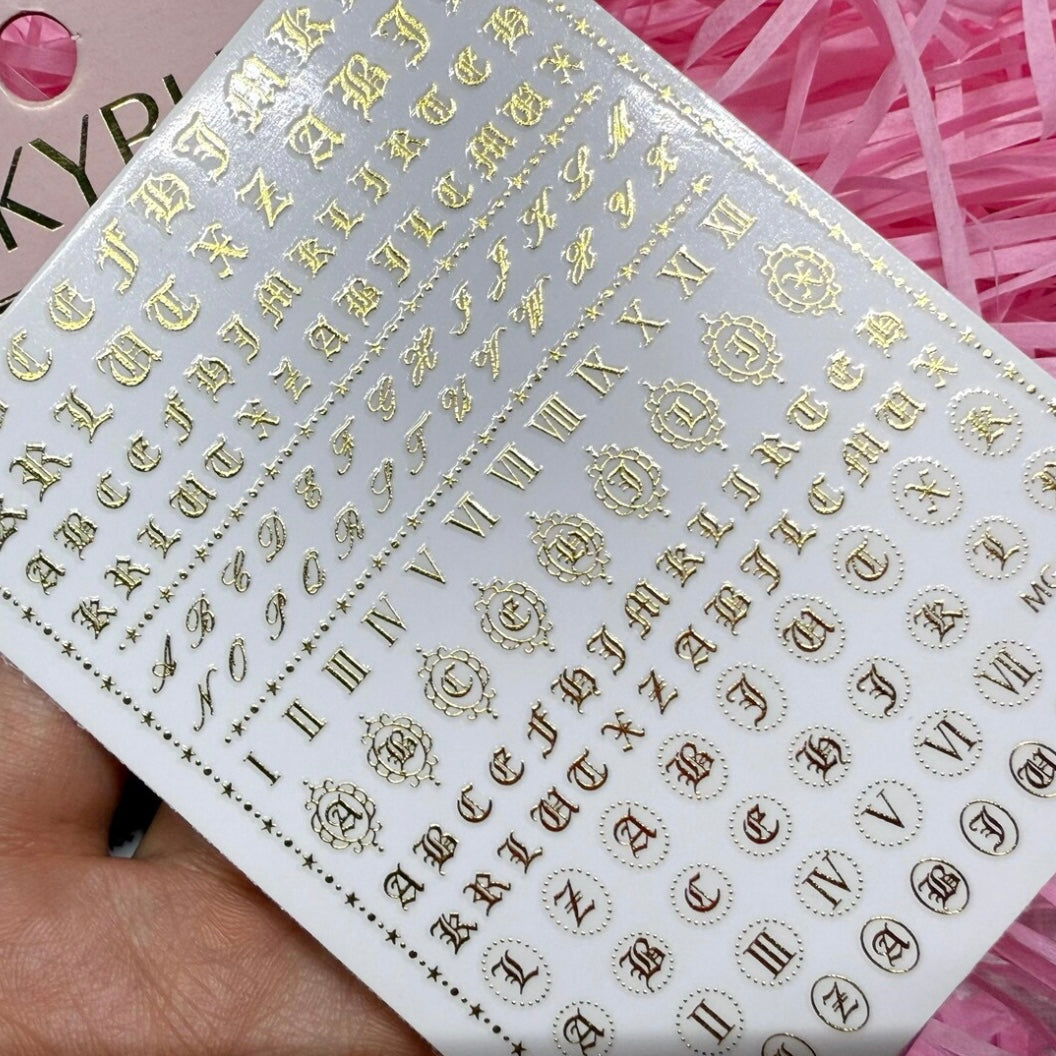 Calligraphic English nail sticker/Gold Vintage Fonts Hand Writing Peel Off 3D Stickers Self Adhesive Decals