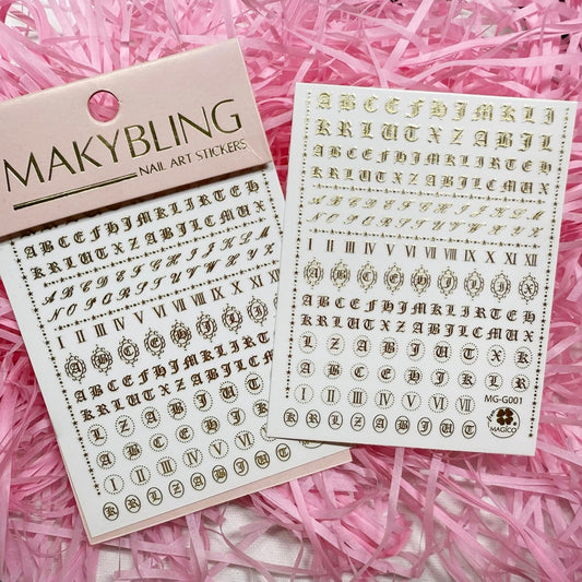 Calligraphic English nail sticker/Gold Vintage Fonts Hand Writing Peel Off 3D Stickers Self Adhesive Decals