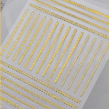 Gold Chains Nail Art Adhesive Stickers, 3D Metallic Chains Line Triangle Heart Circle Shape Nail Decoration, Holographic Glitter for Women Manicure Tips(DP-338)