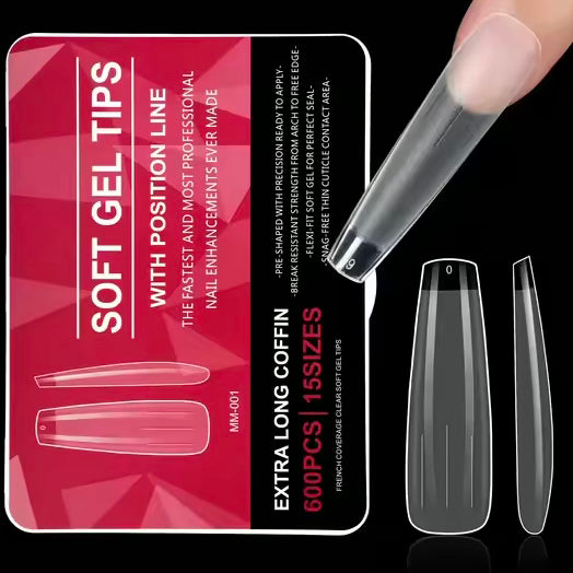 Extra Long Coffin Full Half Cover Clear Acrylic False Nails Square Pattern ABS Material Soft Gel Tips for Fingers 600pcs
