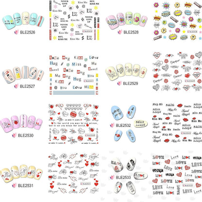 Valentine's Day Nail Art Stickers Water Transfer Colorful Love Heart Sexy Lips Word Kiss Hug Nail Sliders Design For Women Girls Dating Nail Supplies Beauty Accessories 11 Sheets