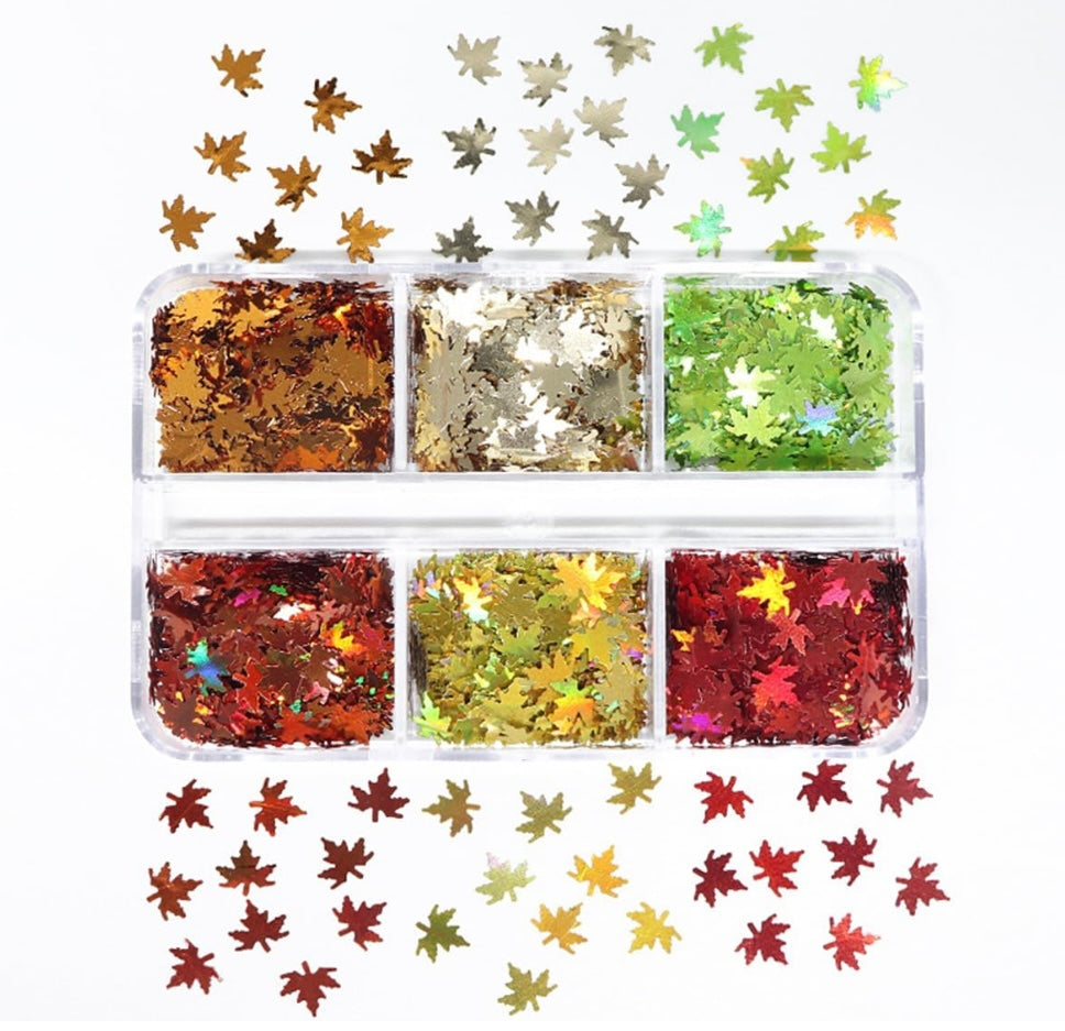 Maple Leaf Nail Art Glitters Fall Nail Sequins 3D Holographic Fall Nail Art Flakes 6 Grids Autumn Nail Glitter Sequins Laser Maple Leaves Nail Flakes for Women DIY Thanksgiving Nails Decoration Makeup