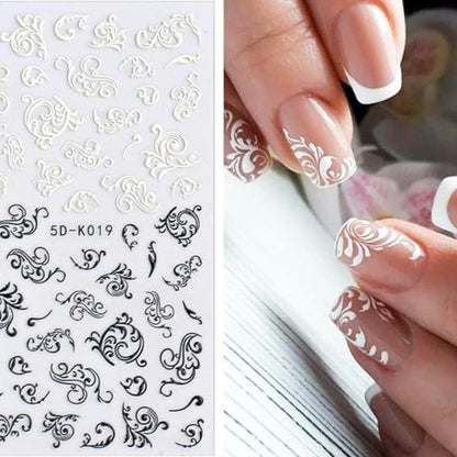 5D Nail Stickers White Wedding Nail Art Decoration Engraved Lace Monogram Decals French Manicure (5D-K019)