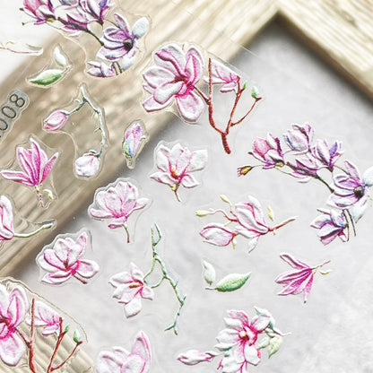 5D Pink Floral Stickers, Magnolia Flower Nail Decals, Self Adhesive Nail Art Design, DIY Nails, Hologram Nails (5D-K008)