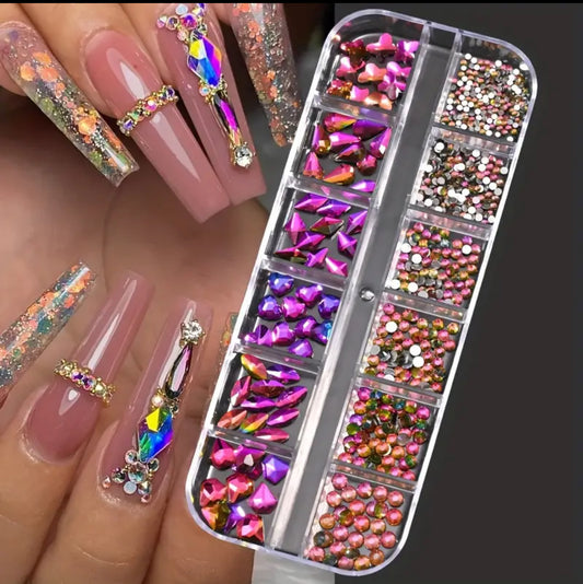 1000+ Pieces 12-Grid Nail Art Rhinestone Set - Vibrant 3D glass pink an