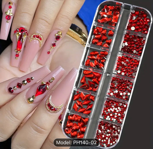 1000+ Pieces 12-Grid Nail Art Rhinestone Set - Vibrant 3D glass red color