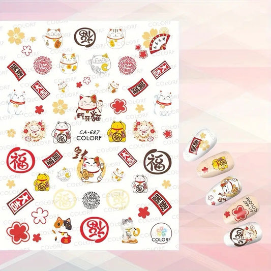 Chinese Style Nail Art Stickers With Lantern Lucky Cat Design, Self Adhesive Nail Art Decals For Nail Art Decoration, Nail Art Supplies For Women(CA-687)