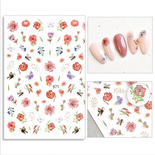 Flower Nail Stickers Set, Nail Art Decals with Different Flower Designs for DIY Fashion Simple Nail Art Decoration, Self-adhesive Rose Mimosa Lilac 3D Nail Art Stickers Acrylic Nail Supplies(971)