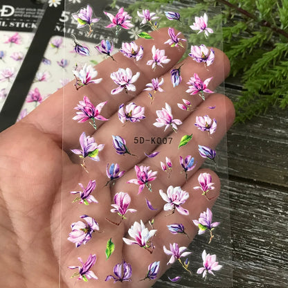 Sheet 5D Pink Flower Nail Stickers, 5D Acrylic Engraved Floral Nail Stickers, Nail Stickers Art, Nail Art Stickers, Peel & Stick(5D-K007)