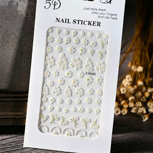 5D Yellow,White with stems Floral Nail Stickers | Embossed Acrylic Decals for Manicures (Z-D5343)