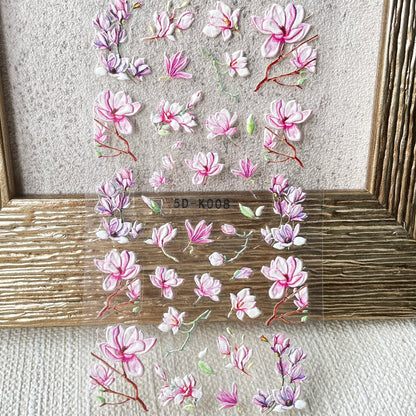 5D Pink Floral Stickers, Magnolia Flower Nail Decals, Self Adhesive Nail Art Design, DIY Nails, Hologram Nails (5D-K008)