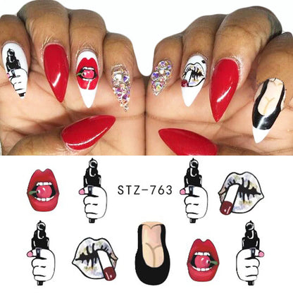 Nail Art Stickers Water Transfer Nail Decals for Nail Art, Trendy Marvel Nail Wraps, Sexy Lip Pop Nail Manicure Nail Wraps, Red Kiss Lips Sexy Girl Pattern Nail Sticker(STZ-763)