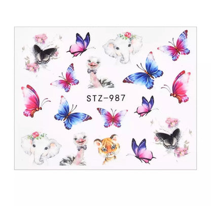 Sticker Flower Blue/Butterfly Colorful Water Pattern Body Nail Art Slider Decoration (STZ-987)
