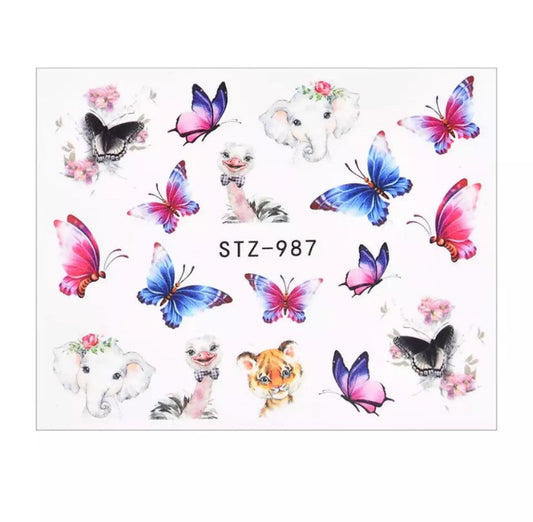Sticker Flower Blue/Butterfly Colorful Water Pattern Body Nail Art Slider Decoration (STZ-987)
