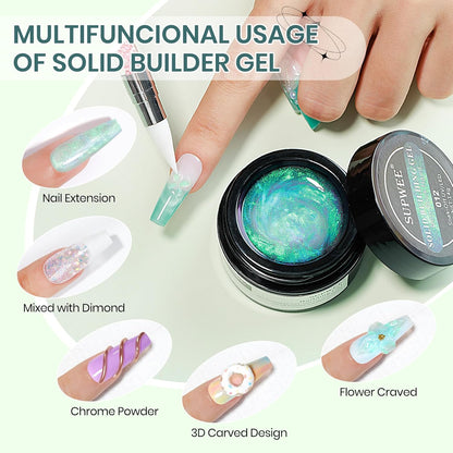 Rino-Solid Builder Gel 3D Nail Gel Art Non-Stick Hand Sculpture Hard Gel with Dual Form for 3D Modeling Nail Art Home Manicure DIY for Women(001-Aurora Green/002-Aurora Purple/003-Aurora Blue/004-Aurora Pink/005-Aurora Yellow)
