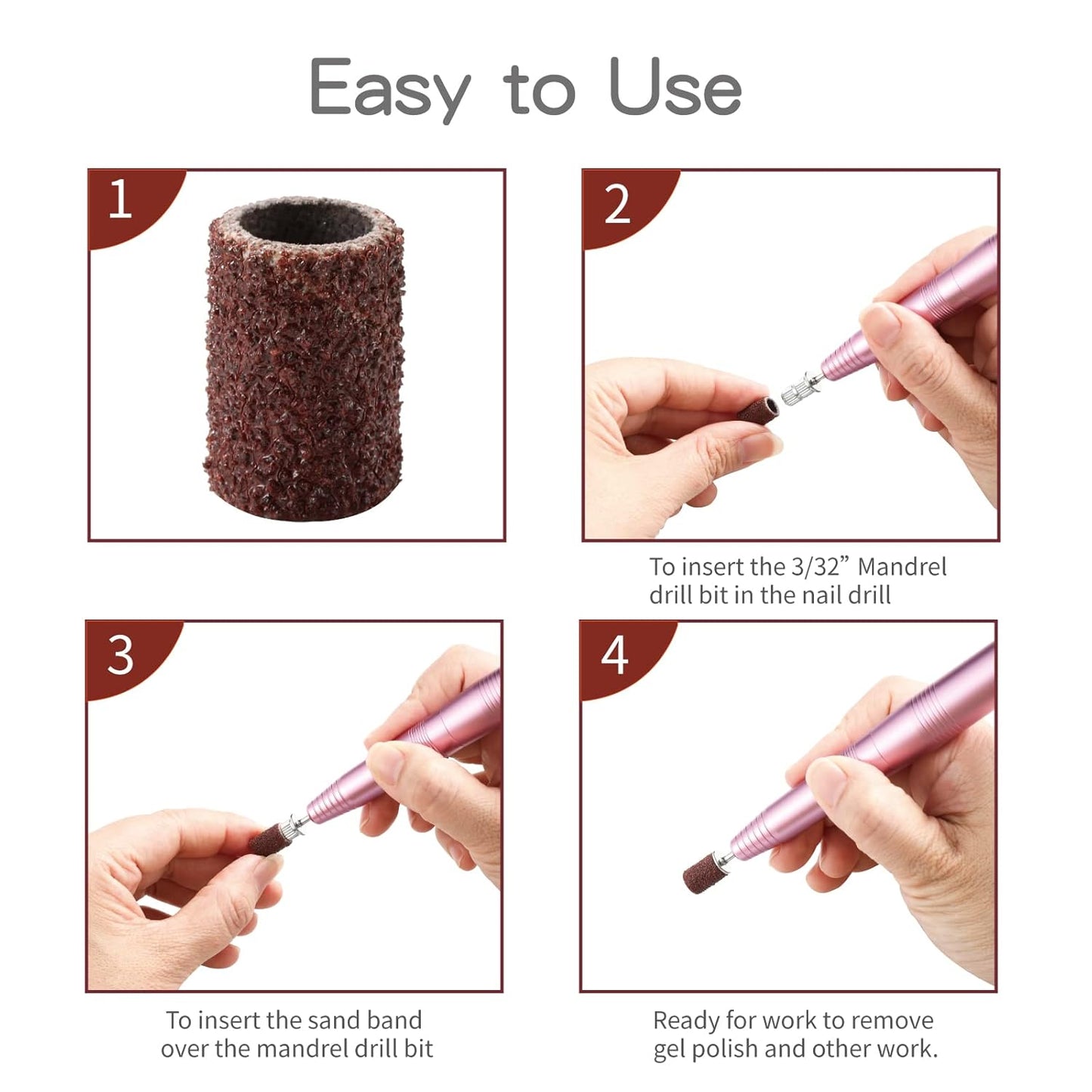 Professional Nail Drill Bits Sanding Bands for Nail Drill, 300pcs Including Brwon 80#, Black 120# and Zebra 180# Grit+ Free 3/32" Mandrel for manicure nail drill machine