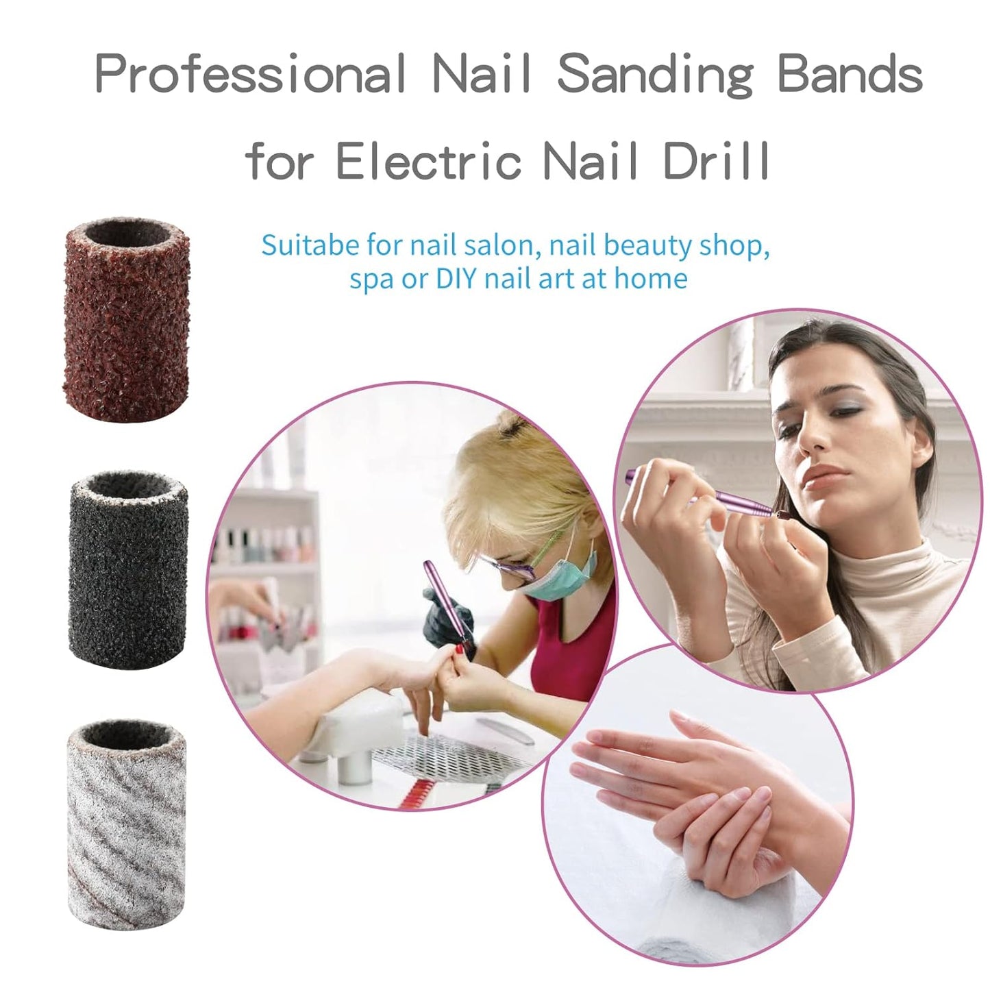 Professional Nail Drill Bits Sanding Bands for Nail Drill, 300pcs Including Brwon 80#, Black 120# and Zebra 180# Grit+ Free 3/32" Mandrel for manicure nail drill machine