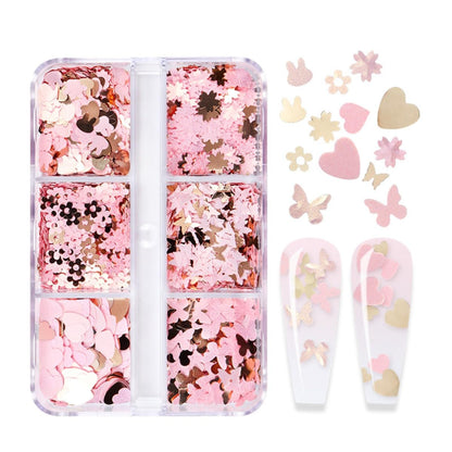 Pink Gold Nail Art Sequins Spring Summer Fashion Glitter Pieces for Nails, Makeup - 6 Grid Box (Pink Hearts/Rabbit/Flowers/Butterfly)