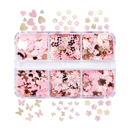 Pink Gold Nail Art Sequins Spring Summer Fashion Glitter Pieces for Nails, Makeup - 6 Grid Box (Pink Hearts/Rabbit/Flowers/Butterfly)