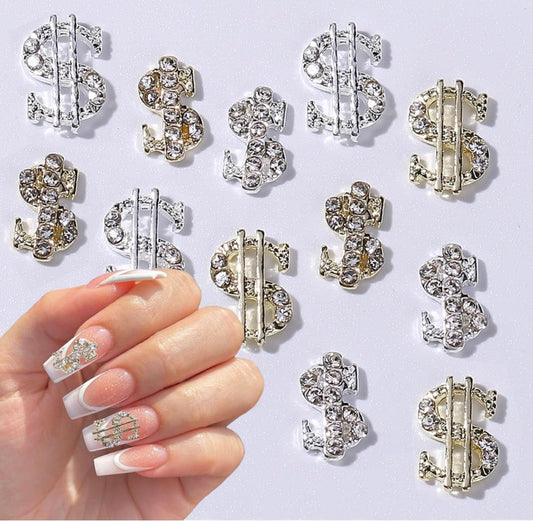 10Pcs Money Sign Nail Charms Alloy Money Dollar Nail Art Charms with Rhinestone Gold and Silver Dollar Sign Nail Jewelry Flat Back Dollar Money Rhinestones for Nails
