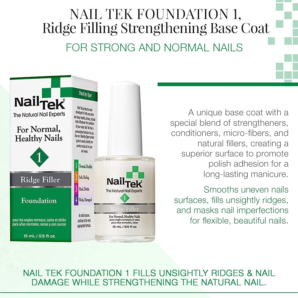 Nail Tek - Ridge Filler – Nails Foundation #1, Strengthening Base Coat for Strong, Healthy Nails lacquer(1 Pack)