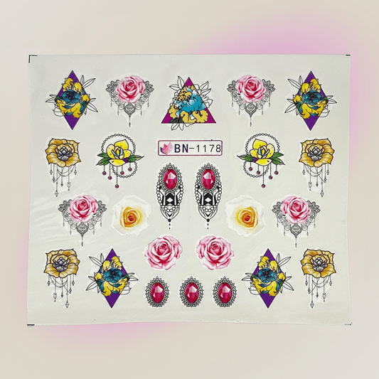 Nail Art Decals Water Transfer Nail Decals - Flowers and Gems (BN-1178)