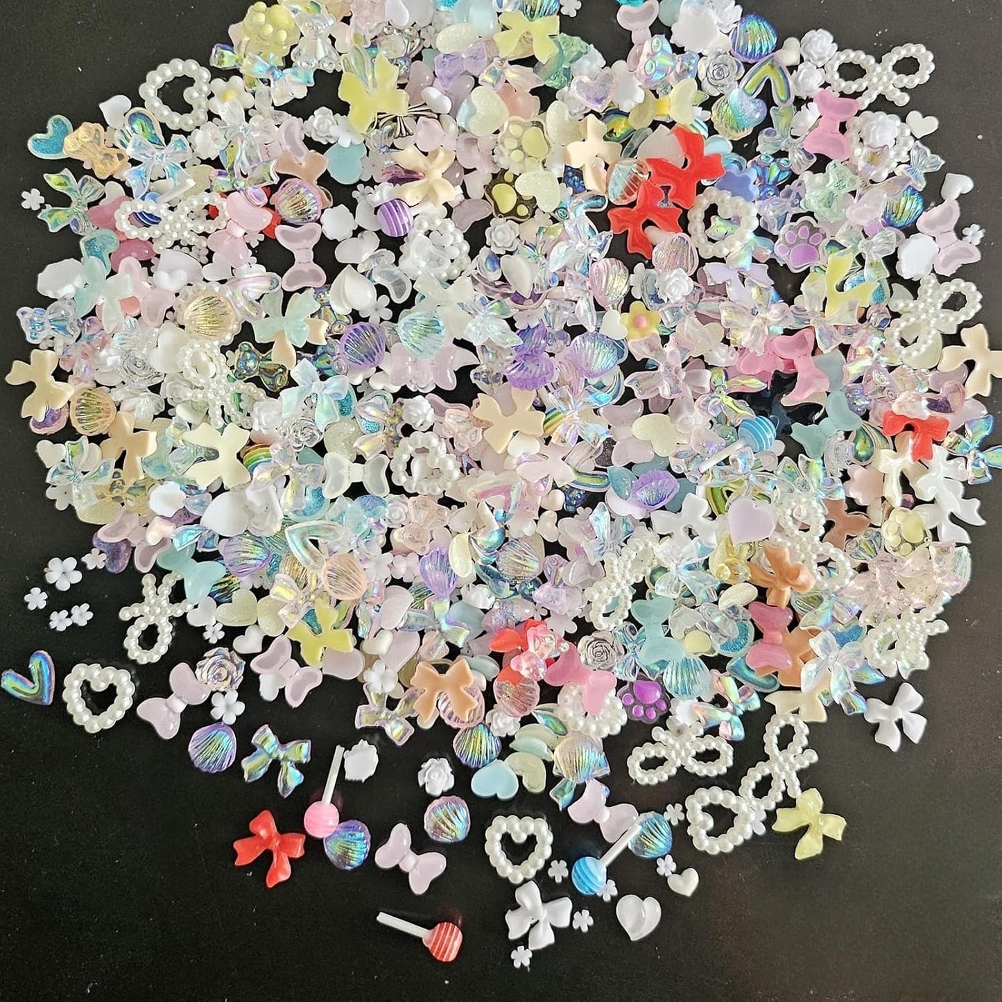 Assorted Nail Charms, 50Pcs Multi Shapes Acrylic Camellia Flower Butterfly Bowknot Heart Nail Decorations, Pearls Nail Beads Charms for Manicure DIY Crafts Jewelry Accessories