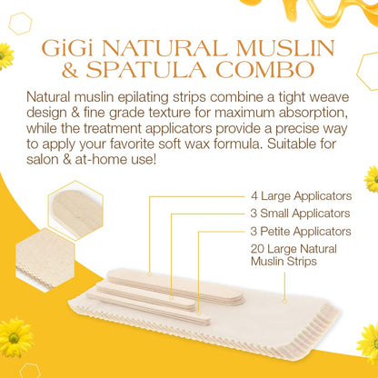 GiGi Natural Muslin Epilating Strips & Wax Applicators - Hair Removal Waxing Kit for Face & Body, Professional Soft Wax Strips