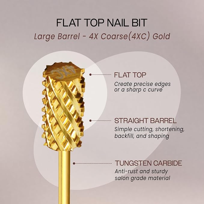 Unimax - 3/32" Shank Size - Flat Top Large Barrel Gold Carbide 4X Coarse Grit - Nail Drill Bit for e-File Nail Drills
