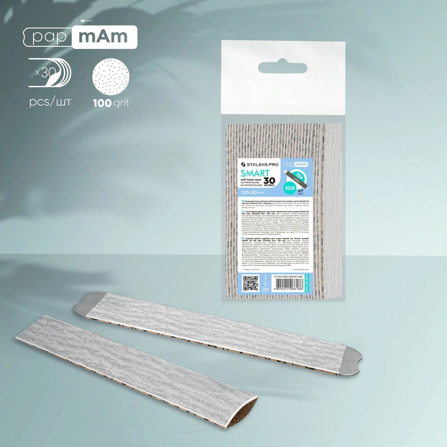 STALEKS - SMART 20 papmAm Nail files for straight base on soft foam layer, 100 grit (30 pcs)