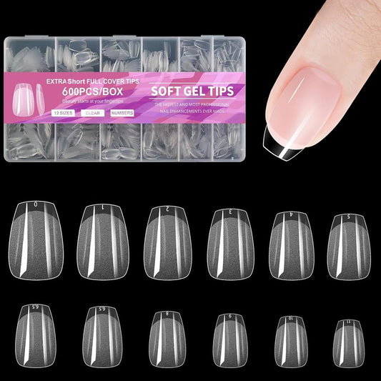 Extra Short Coffin Fake Nails Soft Gel Nail Tips, 600Pcs Full Cover Clear Press On Nails for Acrylic Nail Tip Soak Off Home DIY Salon, Fales Nail Tips for Beginner and Professional Manicure