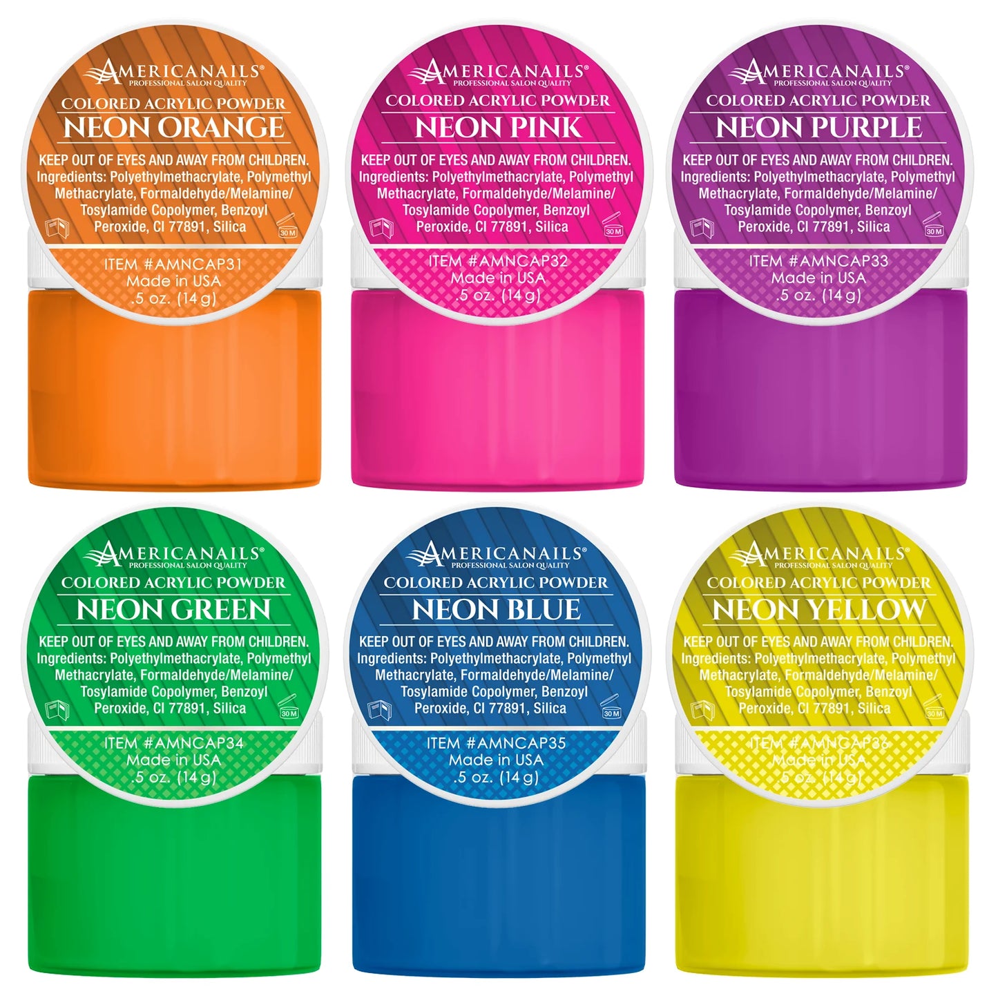 Americanails Colored Acrylic Powders | Neon Pop Collection Kit