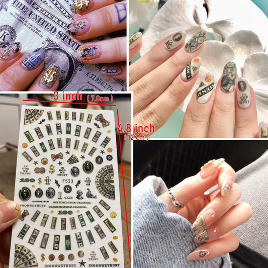 100 Dollar Sign Bill Nail Accessories Paper Money Design Treasure Currency Nail Stickers Tip (XF-3378)