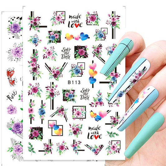 Nails Flower Stickers Decals Blue & Purple Roses and Hearts(B-113)