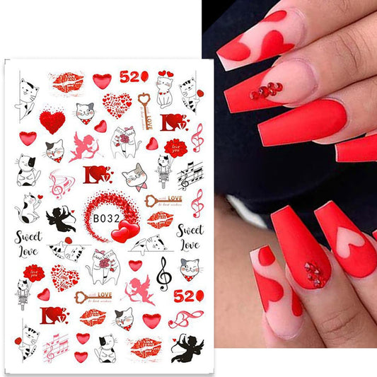 Valentine's Day Heart Nail Art Stickers Decal Designer Nail Stickers Red Lips Love Rose Heart Kiss Angel Foil Decals Nail Art Supplies Valentine Nail Art Designs Romantic (B-032)