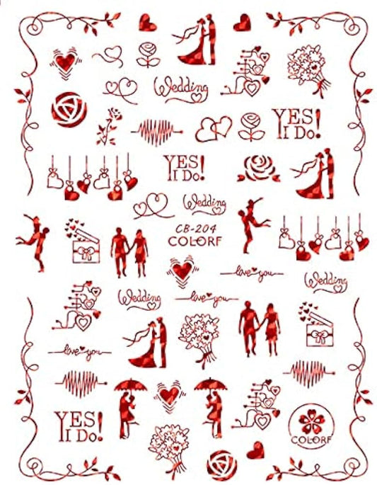 Valentine's Day Nail Stickers - Red Wedding or Valentine Nail Art Decals Love Heart Kiss Rose Lipstick Red Lips Self (Z-D5148)