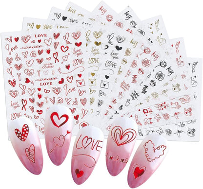 Valentine's Day Nail Art Stickers Valentines 3D Self-Adhesive Nail Decals for Valentines Gel Nails Designs Love Hearts Nail Sticker for Woman Girls Kids DIY Valentine’s Nail Decorations- Red only (Z-D5147)
