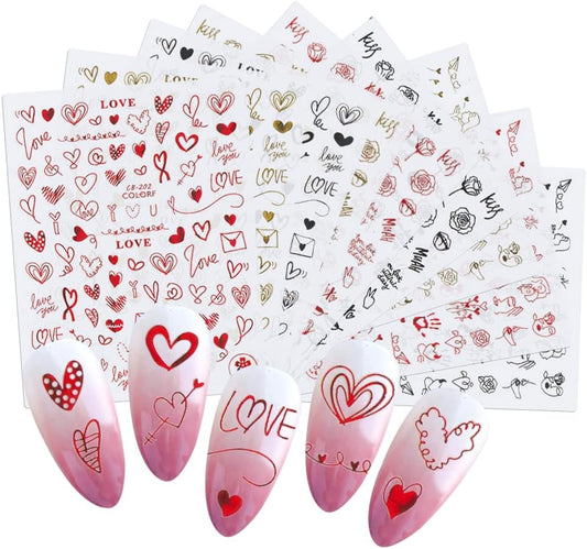Valentine's Day Nail Art Stickers Valentines 3D Self-Adhesive Nail Decals for Valentines Gel Nails Designs Love Hearts Nail Sticker for Woman Girls Kids DIY Valentine’s Nail Decorations- Red only (Z-D5147)