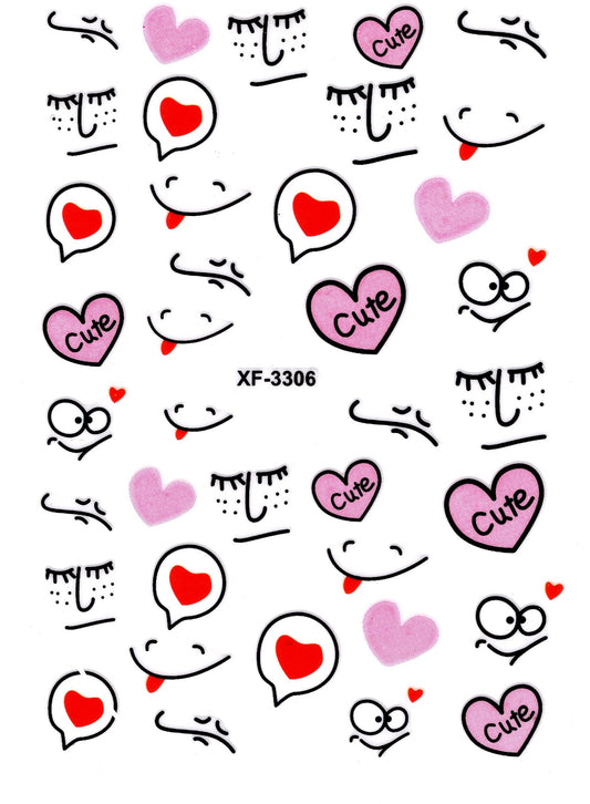 Nail Art 3D Decal Stickers funny cute facial contour smile pink heart (Z-D5732)