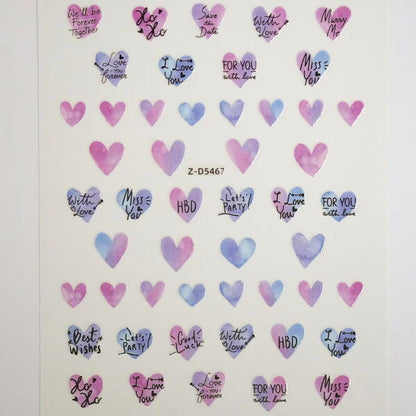 Nail Sticker of Hearts & Lovely Words Purple and Blue (Z-D5467)