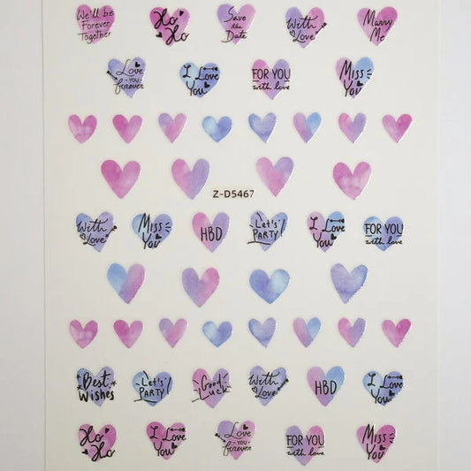 Nail Sticker of Hearts & Lovely Words Purple and Blue (Z-D5467)
