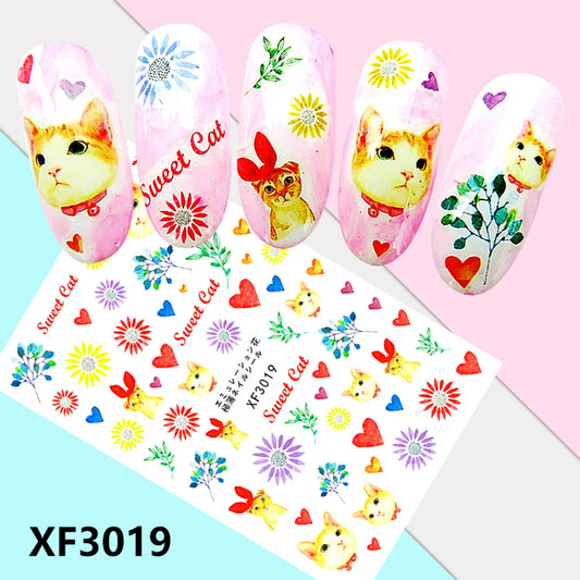Nail Art 3D Decal Stickers pretty cat heart red purple yellow flower (Z-D5743)