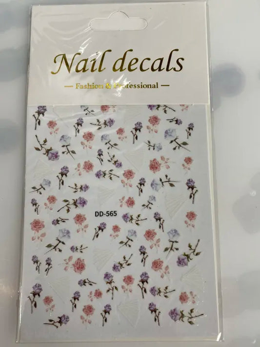 Nail Decals-Pink & Purple &Blue Roses with Lines (DD-565)