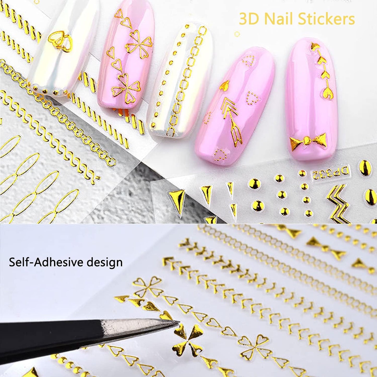 Gold Chains Nail Art Adhesive Stickers, 3D Metallic Chains Line Triangle Heart Circle Shape Nail Decoration, Holographic Glitter for Women Manicure Tips(DP-338)