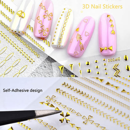 Gold Chains Nail Art Adhesive Stickers, 3D Metallic Chains Line Triangle Heart Circle Shape Nail Decoration, Holographic Glitter for Women Manicure Tips(DP-338)