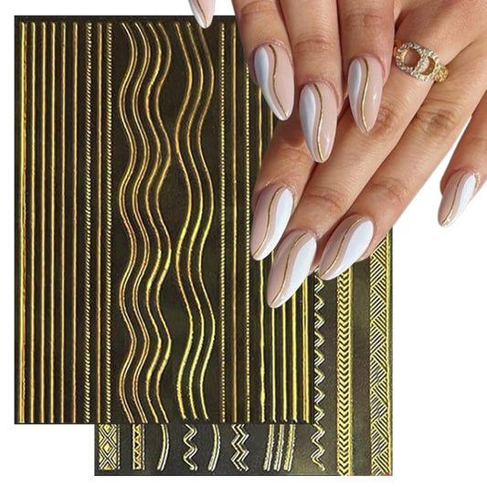 Gold Line Nail Art Stickers - French Smile Waves Strip Self-Adhesive Nail Decals for DIY Geometric Manicure(1333) color-Gold,Silver,Rainbow