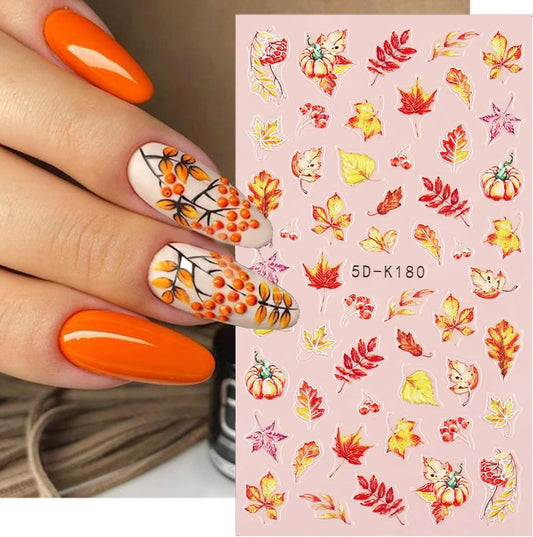 5D Fall Nail Stickers, Maple Leaves Nail Decals Embossed Autumn Nail Art Supplies Pumpkin Butterfly Rose Maple Leaf Nail Design Self Adhesive Nail Accessories Thanksgiving Day Nail Decoration (5D-K180)