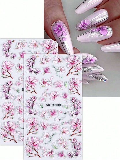 5D Pink Floral Stickers, Magnolia Flower Nail Decals, Self Adhesive Nail Art Design, DIY Nails, Hologram Nails (5D-K008)