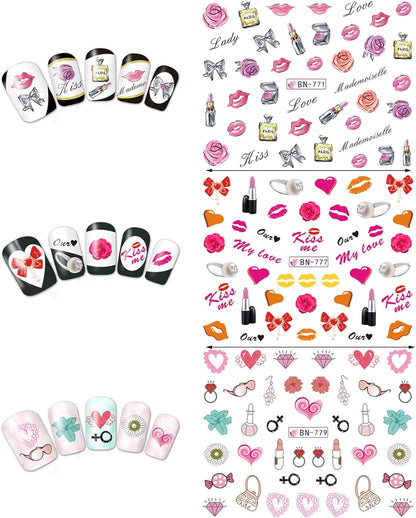 Valentine Nail Art Stickers Water Transfer Nail Decals Sexy Lips Love Lipstick Heart Rose Design Nail Sticker Manicure Tips Accessories Romantic Valentine's Day Nail Art Decorations (12 Sheets)
